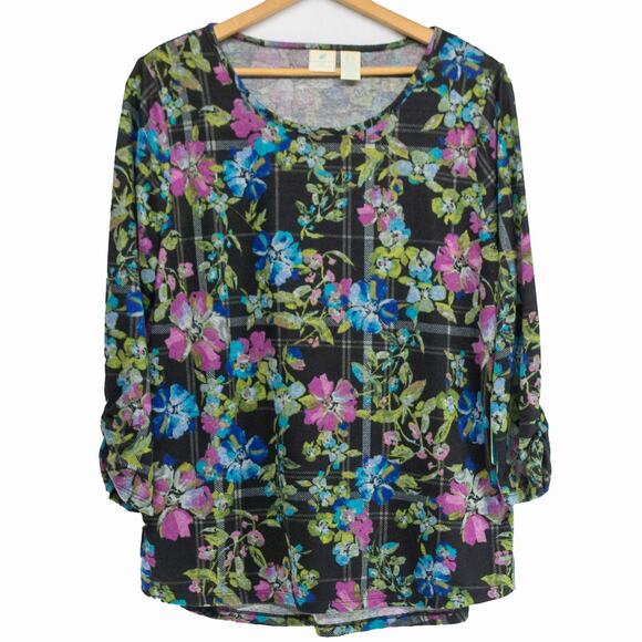 CARIBBEAN JOE XL Black Floral Top 3/4 Length Sleeve Polyester Blend Sweater NWT - Picture 1 of 6